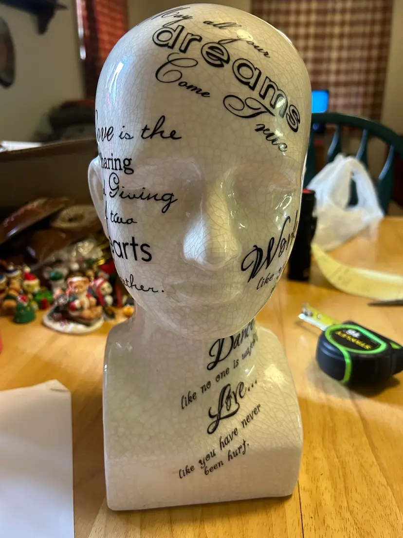 Phrenology Head Bust W/ Positive Messages  11 1/2H 5” Sq Base