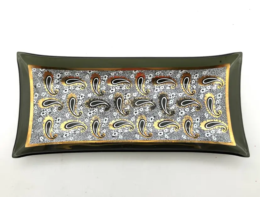 BIN - Vintage Houze Art Glass White And Gold Paisley MCM Glass Trinket Tray