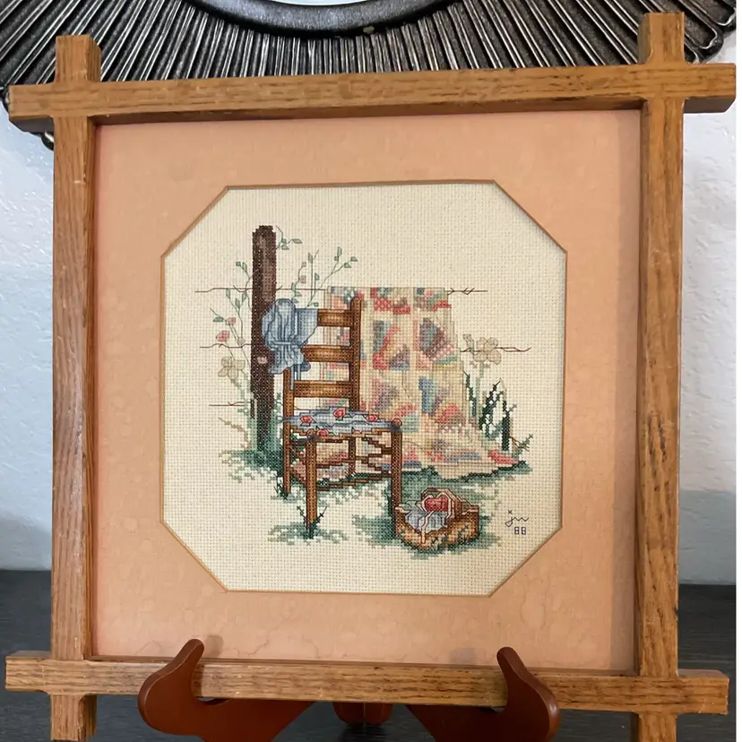 🎉Cross-stitch Featuring Fan Quilt And Chair In Wooden Frame