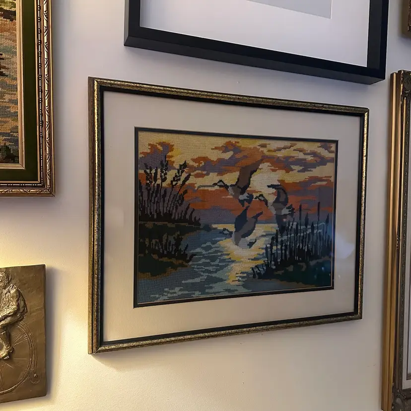 Vintage Needlework Birds & Sunset Wall Art Framed With Glass