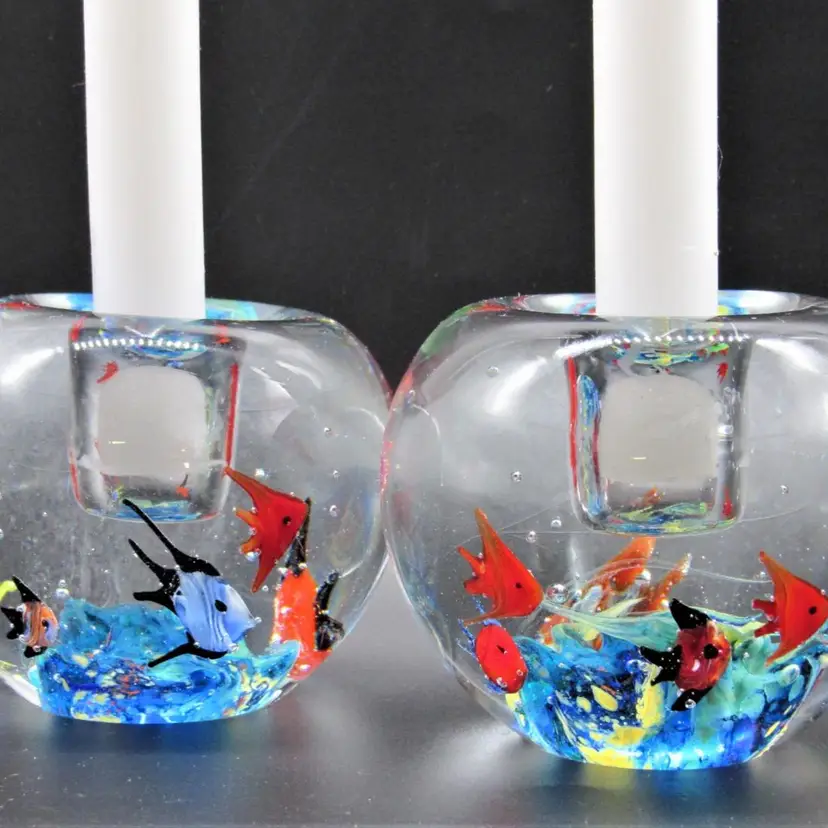 Pair Ocean Themed, Tropical Fish Blown Art Glass Paperweight Candlesticks