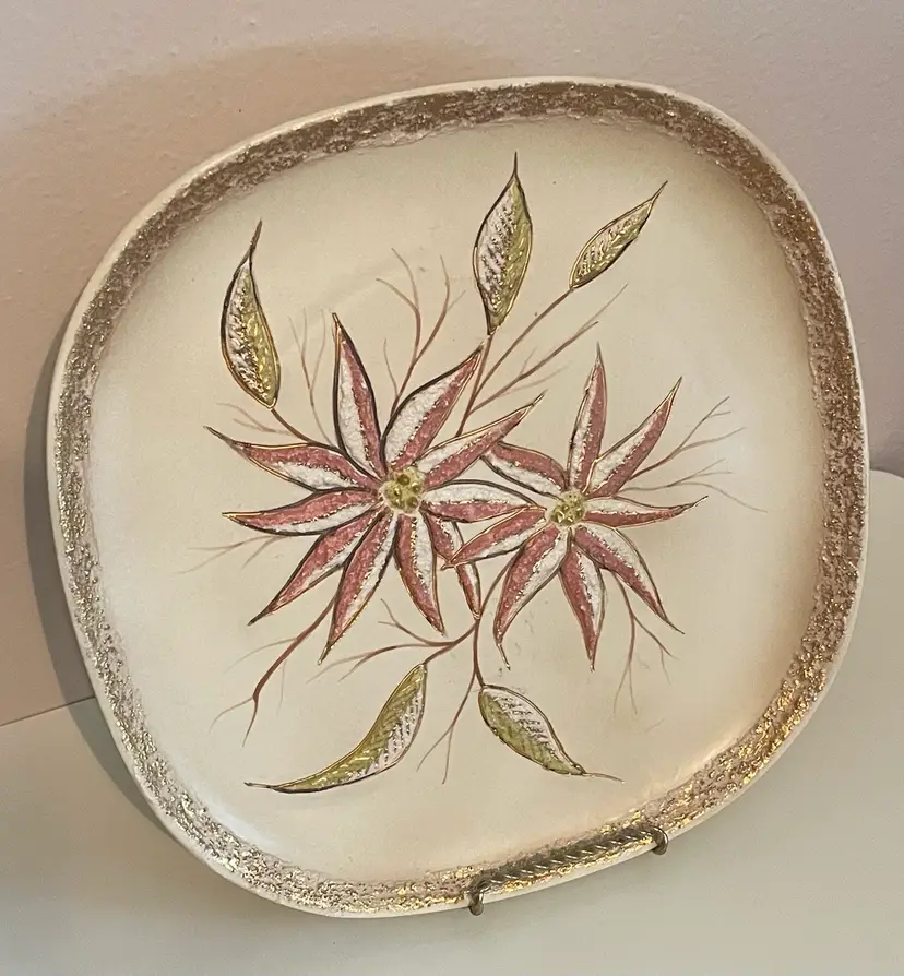 Vintage Decorative Plate Pink Flowers Gold Trim