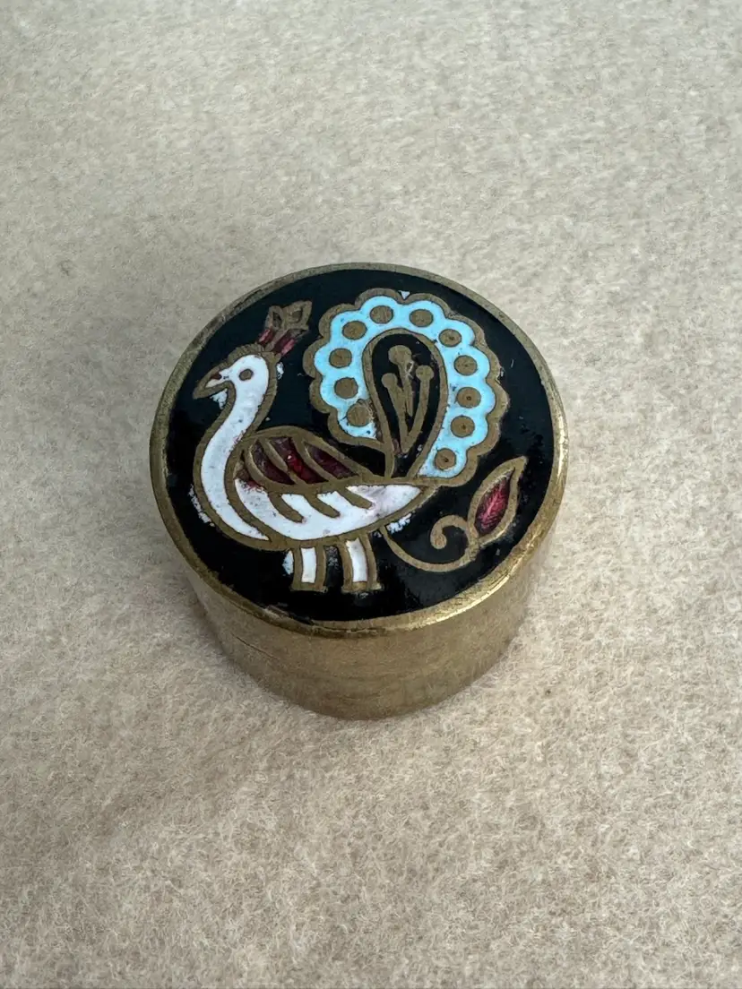 Vintage Cloisonné brass and enamel trinket box with a stylized bird motif