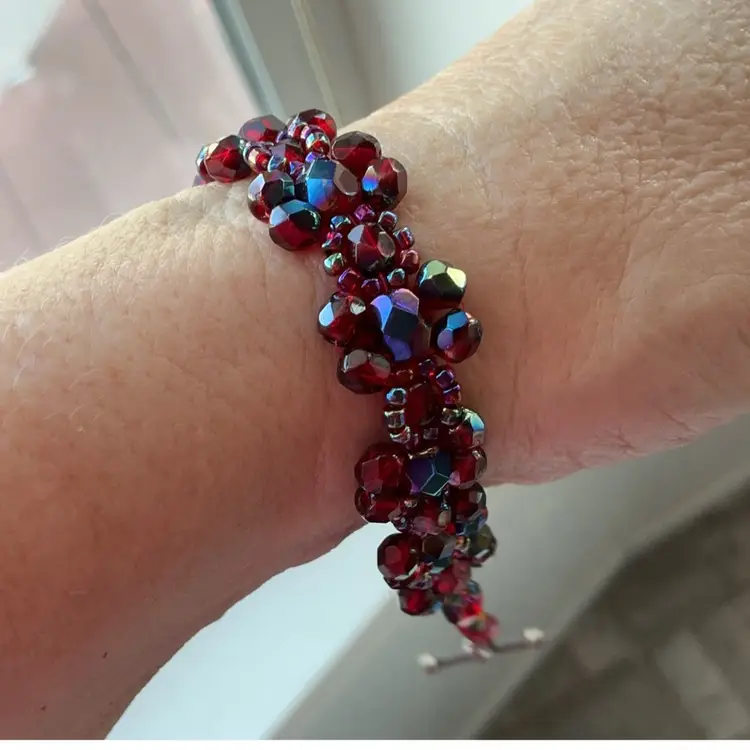 Red Swarovski Crystal Bead Bracelet with Toggle Artisan Made 8”