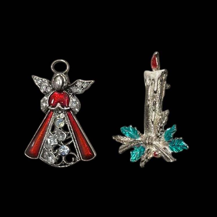 Lot (2) Vintage SilverTone Enamel Christmas Brooches 1 Angel Pave Rhinestone Crystals, 1 Candle Signed Gerry’s