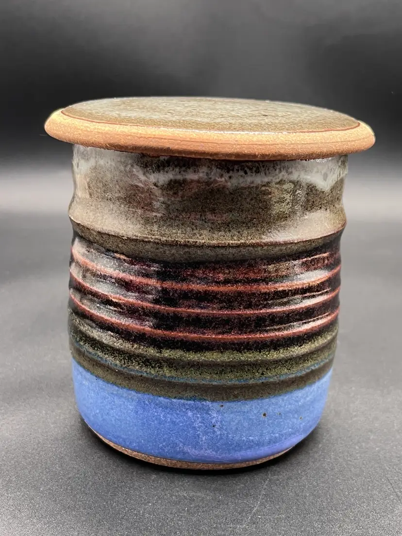 #46 Marked Clear Creek Pottery Blue And Brown Copper Speckle “Storm” Art Pottery Lidded Butter Bell 4.25”