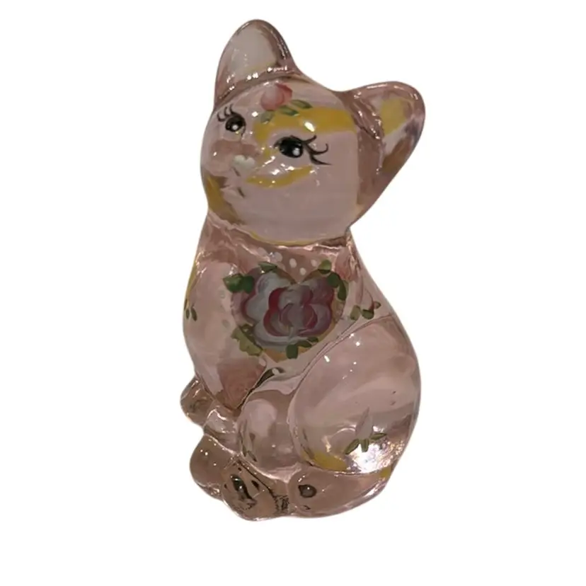 Fenton Pink “Smiles For You” Cat - Handpainted Flowers, Butterfly & Saying  - Signed M Sims