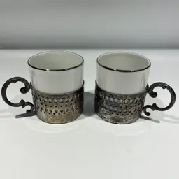 Demitasse/Espresso Ceramic Cups Caged In Ornate (likely)Silver-plate? Holders- Made In Italy