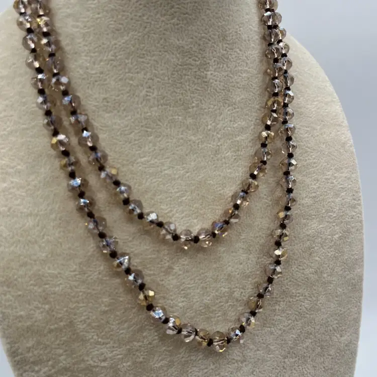 #J31 - Hand Knotted Champagne Aurora Borealis Multifaceted Single Strand Crystal Bead Necklace
