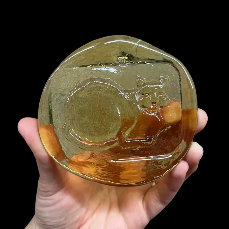 Pressed Glass Cat Laying Down Suncatcher, Yellow Glass Sun Catcher, Yellow Glass Cat Ornament, Wall Hanging, Yellow Cat Art Glass Medallion, Decorative Glass Disk