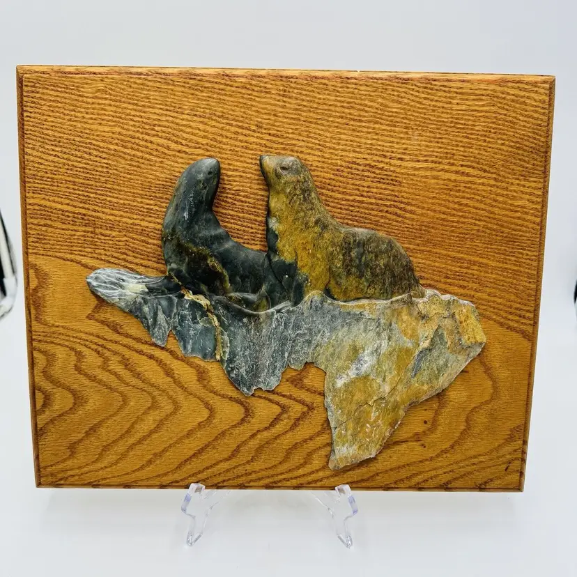 Original Art By Potter United Alaskan Artists Carved Stone Seals Decor 14in