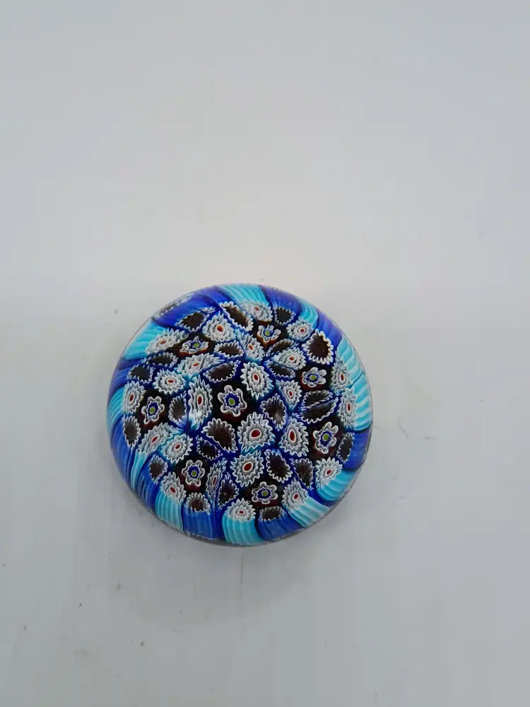 Murano Millefiori Paperweight Blue Red & White Flower Canes with Label 2"