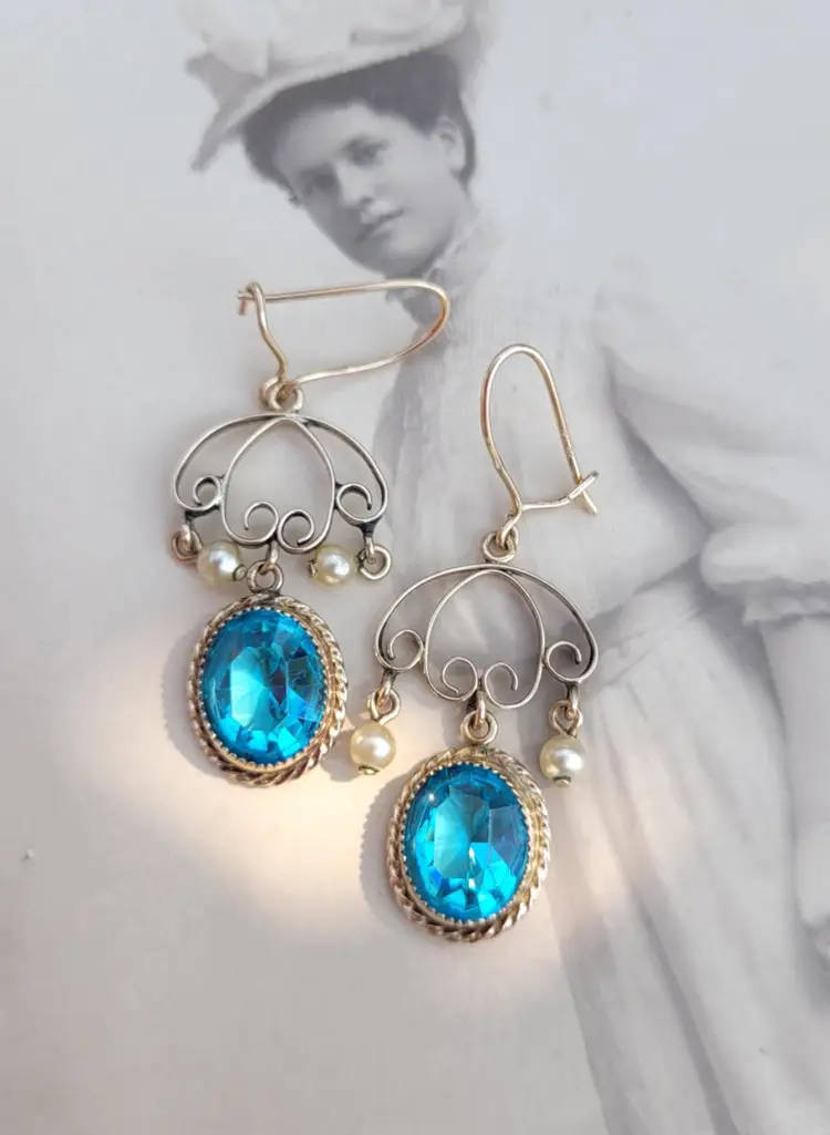 Vtg 10k Gold Sky Pearl Blue Stone Chandelier Victorian Style Drop Earrings - 3g