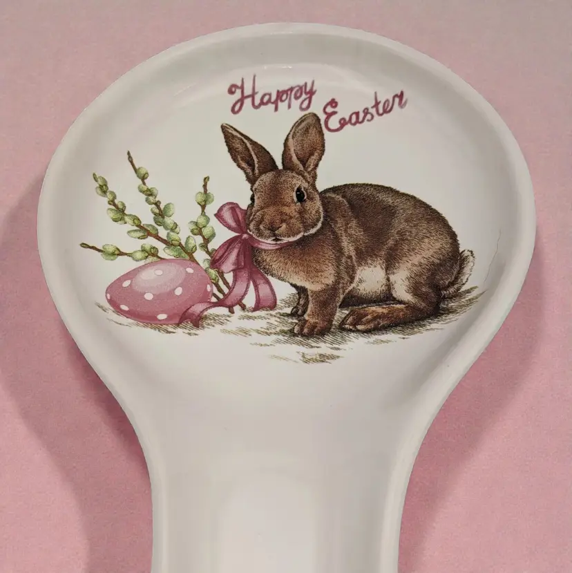 Bunny Rabbit Happy Easter Pink Egg Ceramic Spoon Rest Ceramica Cuore Italy Cute