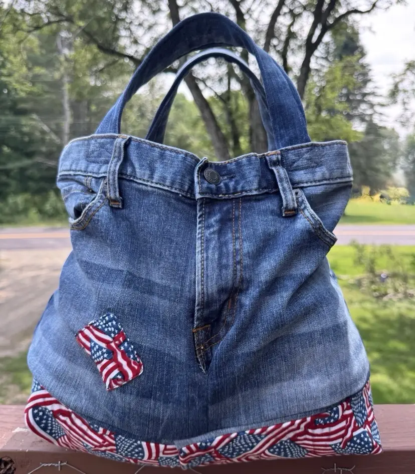 American Flag Jeans Handmade Med Denim Bag Tote Beach, Groceries, Work, Or Purse