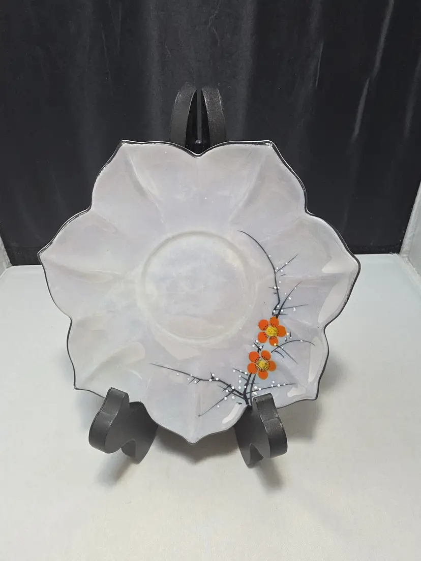 Vintage Japan Frosted Glass Plate Raised Enamel Floral 6.5" (JQ)