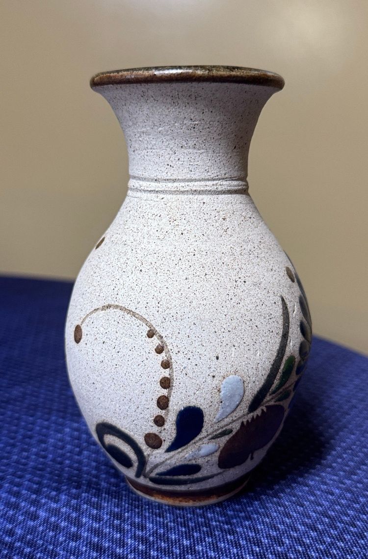 Tonala Mexico Folk Art Pottery Bud Vase Hand Painted Blue Flower 5.75" tall
