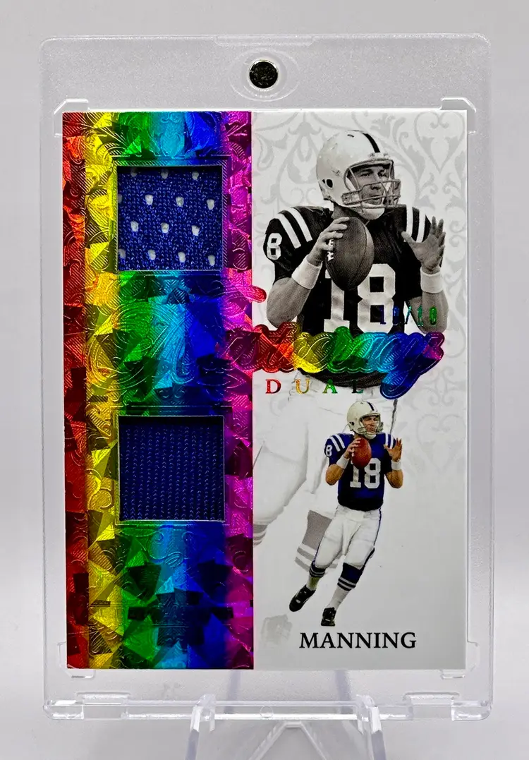 Peyton Manning 2023 Leaf GAME USED Dual Jersey Patch Bookend Numbered 10/10 Indianapolis Colts