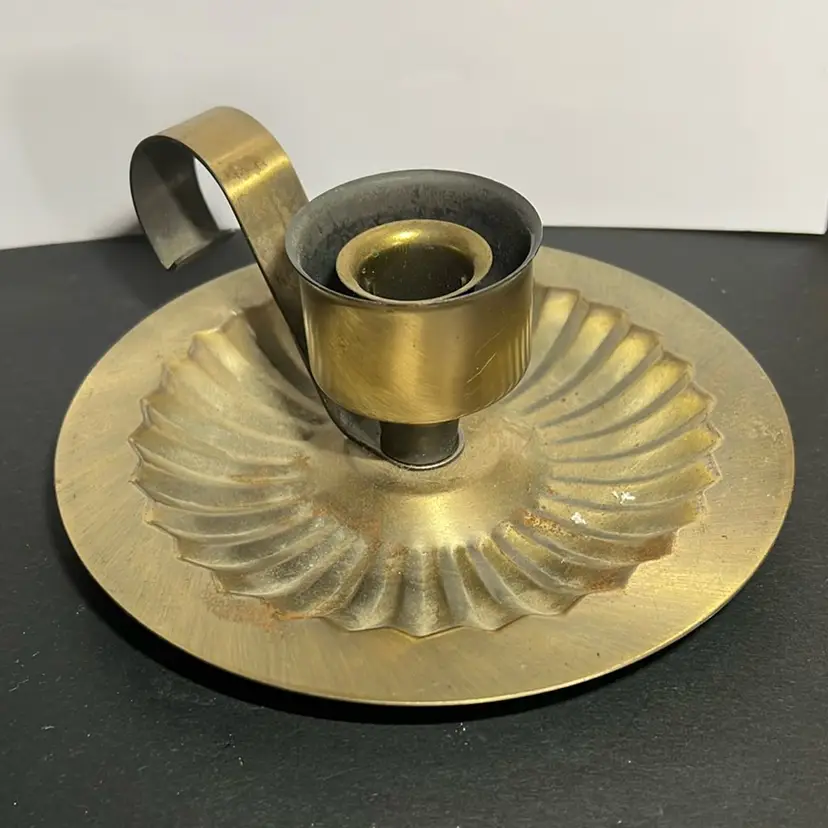 Metal Brass Tone, Candle Stick Holder With Handle, Not Real Brass 6” Across