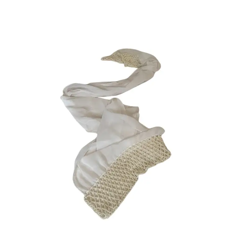 Ivory Colored Rayon Type Material With Pearl Beaded/ Beaded Edges @64” Long
@11” Wide