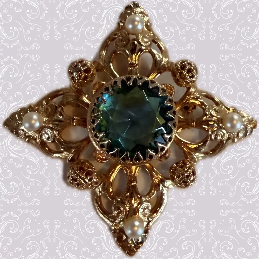 Antique Glass Rhinestone And Seed Bead Brooch