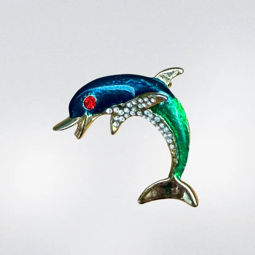 Vintage A&S? Enamel Dolphin Brooch, Gold Tone Rhinestone Unmarked READ AS IS