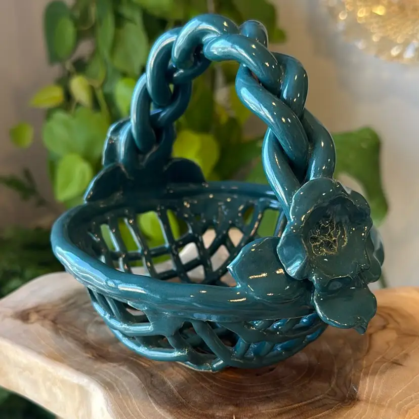 Vintage Handmade Teal Ceramic Basket