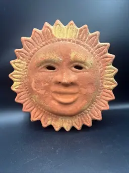 Vintage Terracotta Mexican Folk Art Clay Pottery Wall Hanging Sun Flower 11"