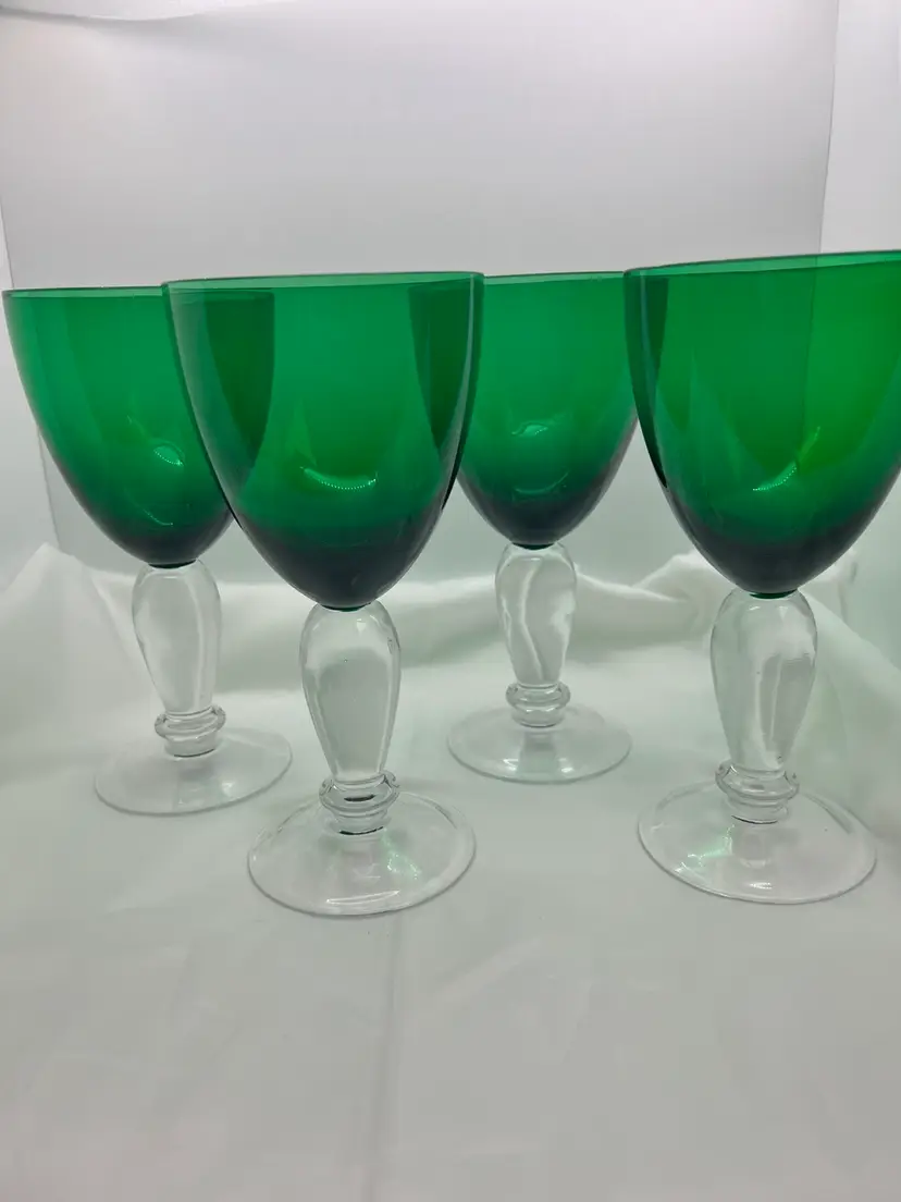 Set of 4 Vintage Hand Blown Large Emerald Green with Clear Applied Stems, Water Goblets/Wine Glasses