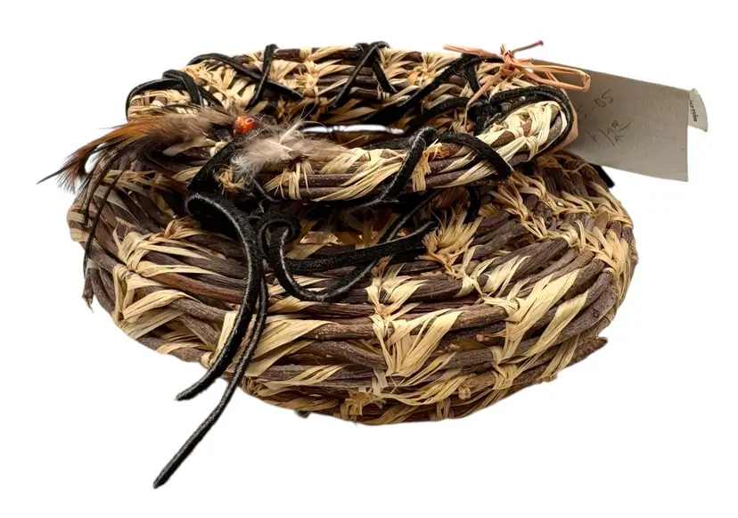 Native American Spirit Basket Caroline EveningSong Hand Woven Feather Grapevine