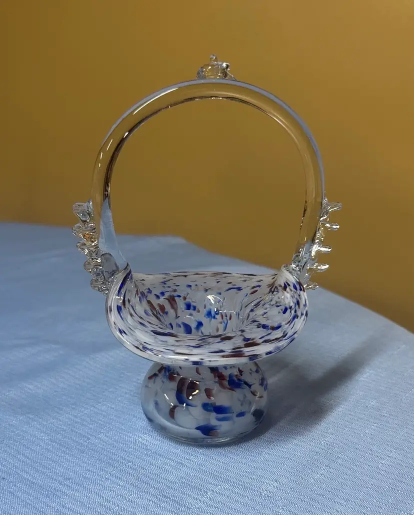 Handblown Glass Basket with Red White and Blue Speckle 7” tall Vintage