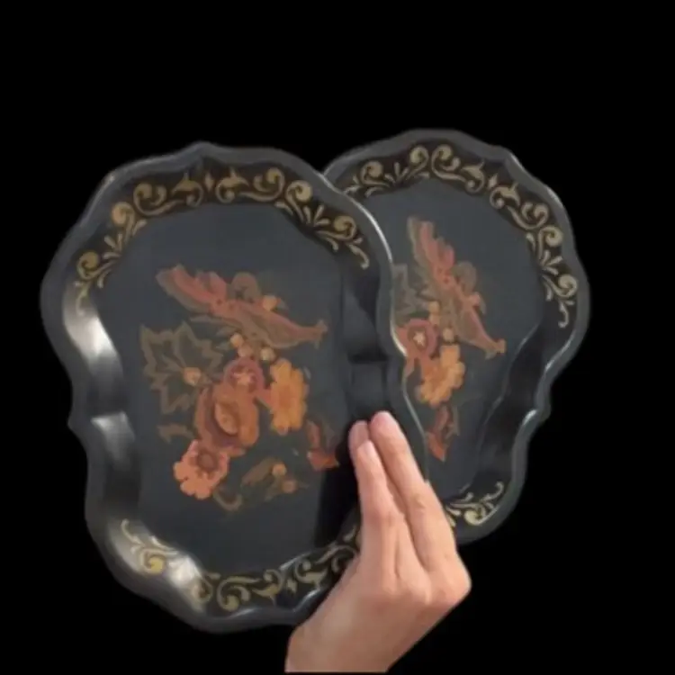 #20 Pair Of Black Metal And Painted Floral & Bird Motif Scalloped Trays 9.5”