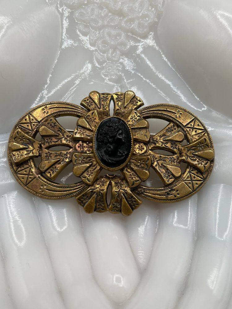 Vintage Victorian Revival Long Gold Tone Metal Black Acrylic Cameo Brooch 3”