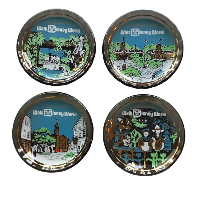 4 Walt Disney World Clear Black Glass Coasters - Main Street USA, Liberty Square, Adventureland, Fantasyland