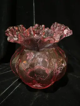 $1.00 Start-Fenton Cranberry Ruffle Glass Vase Approx 5.25x5.5 CONDITION ISSUES