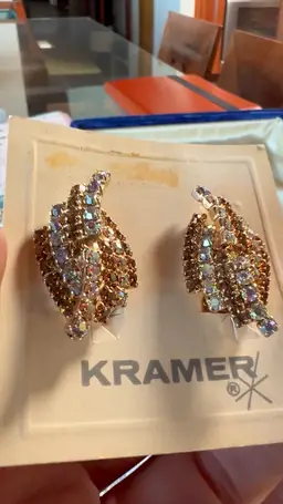 E-020 Vintage KRAMER Gold-Tone and Glass Rhinestone Clip-On Earrings (new on original card)