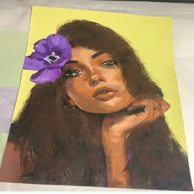 “April Daydreaming with A Purple Flower In Her Hair“ By Art. Signed By Artist 20” By 16” Mixed Media On Canvas Made By Me Featuring A Young April Dreaming