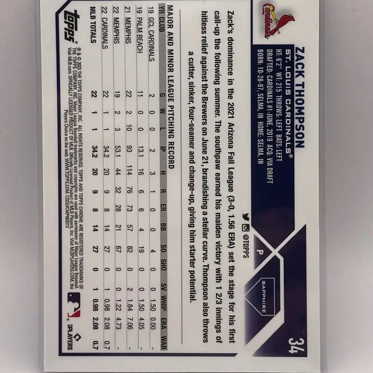 Zack Thompson RC, 2023 Chrome Sapphire, St. Louis Cardinals