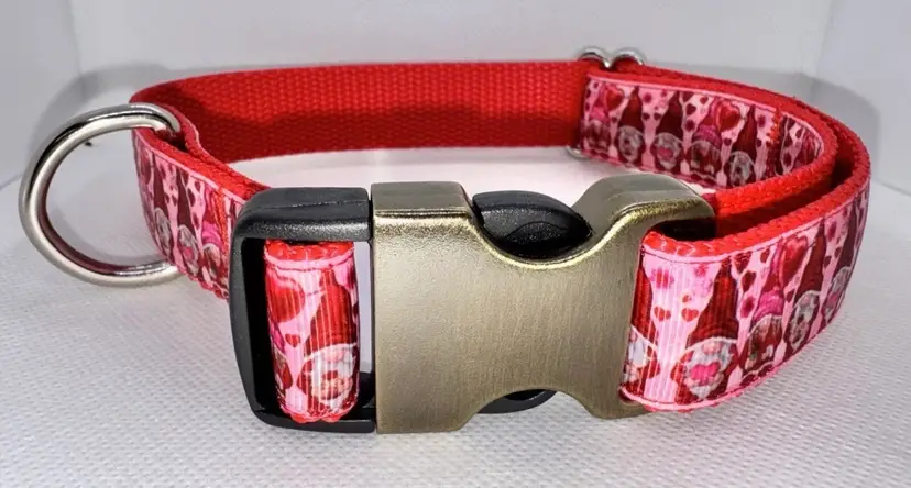 Dog Collar Pink & Red Gnomes Valentine’s Large Handmade Heavy Duty W/Buckle NEW