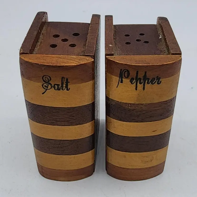 Vintage Wooden Books Brown Salt & Pepper Shakers With Stoppers Set of 2 RARE