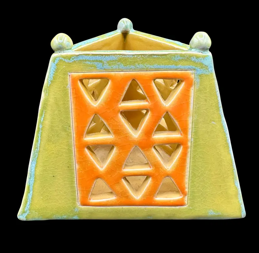 Art Pottery Luminary Candle Lantern Cutout Geometric Triangle Green Orange Blue