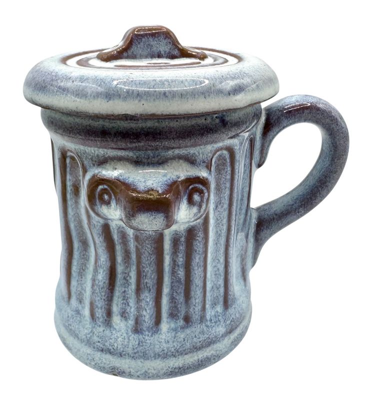 Vintage Stoneware Pottery Lidded Mug Cup Trash Can Dumpster Drip Glaze 4.75”