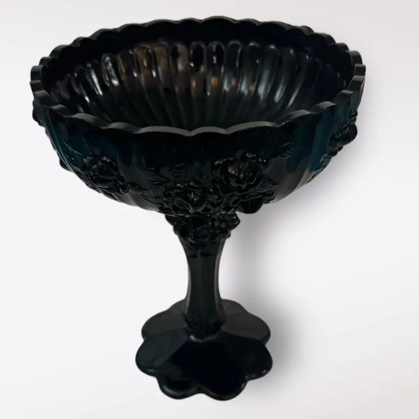 Compote Vintage black Fenton Rose Footed Glass Gorgeous and Unique 8”H X 6”W