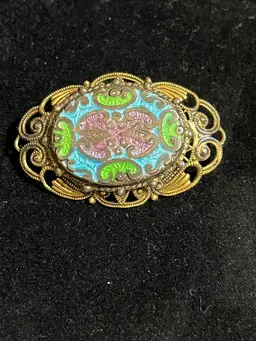 Vintage Signed FREIRICH Brooch - Victorian Revival Champlevé Enamel Filigree Pin - 1960s