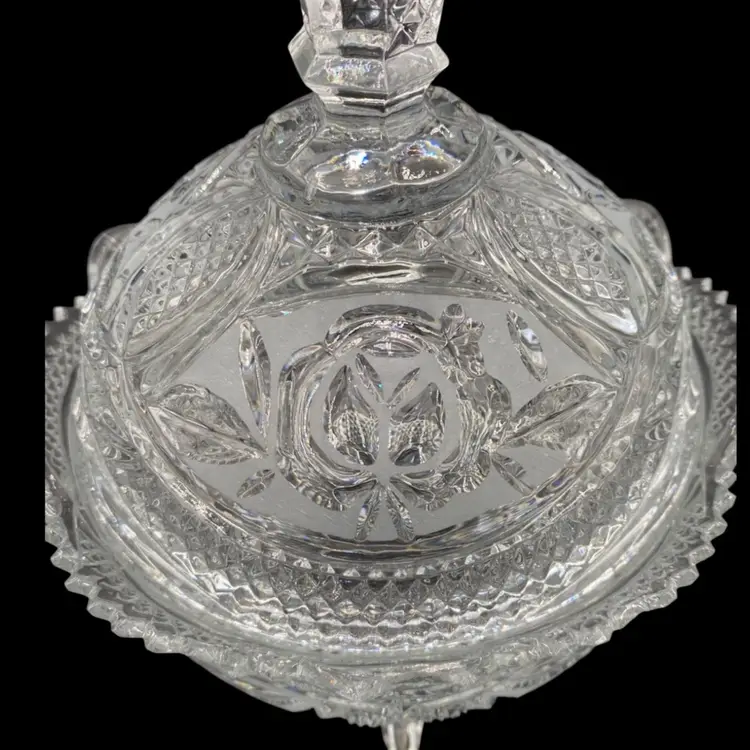 Vintage Fancy Etched Crystal, 3-Footed Bowl and Lid, Rose Design