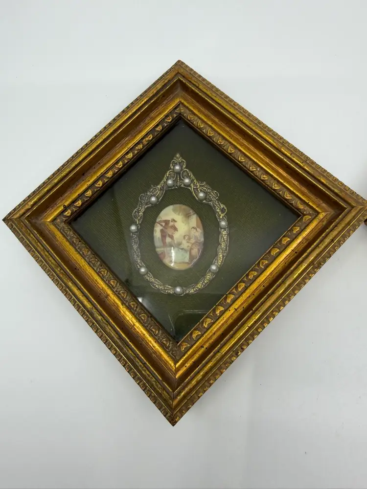 2 Vintage Diagonally Framed Miniature Portrait Cameos Courting Couples Gold Filigree W Pearls