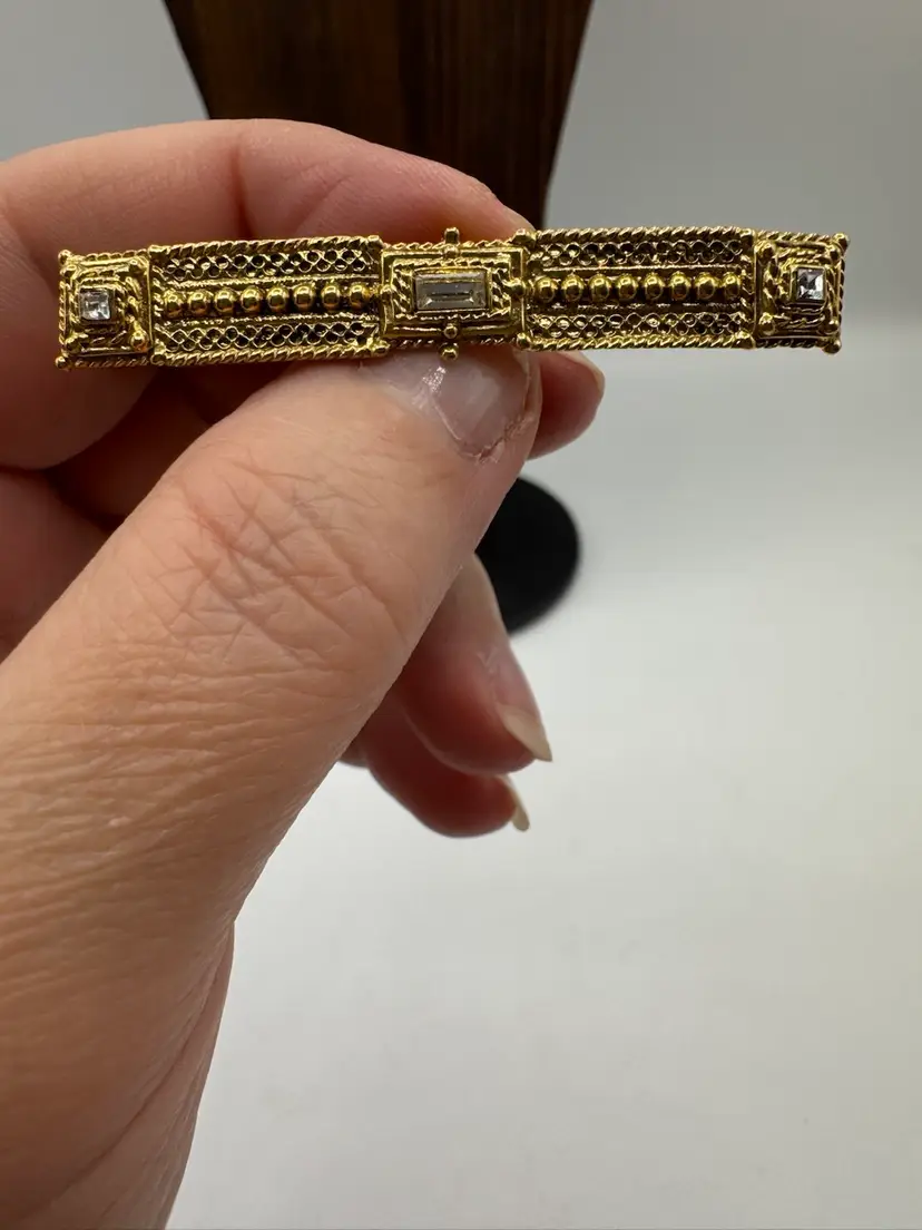# 76 Vintage Art Deco Gold Tone Bar Brooch 3 clear stones 2 1/4”