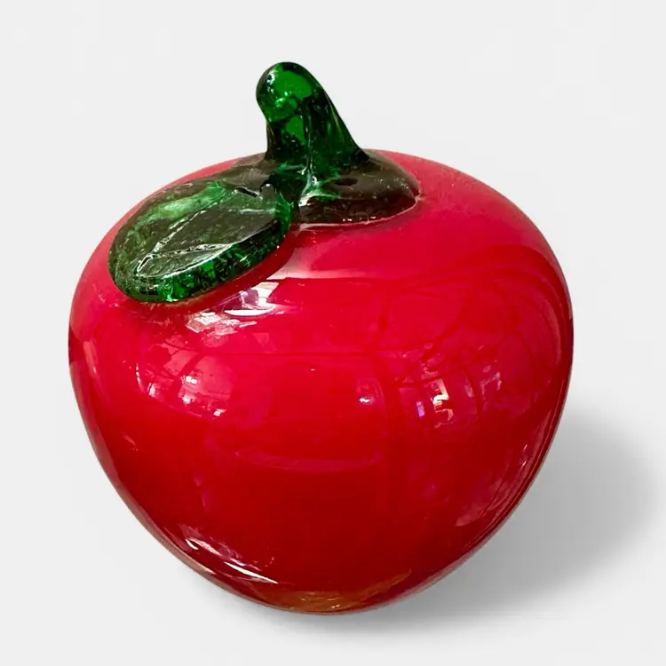 Vintage Hand-blown Red Apple Glass Paperweight w/ Green Leaf  - Teacher’s Gift
