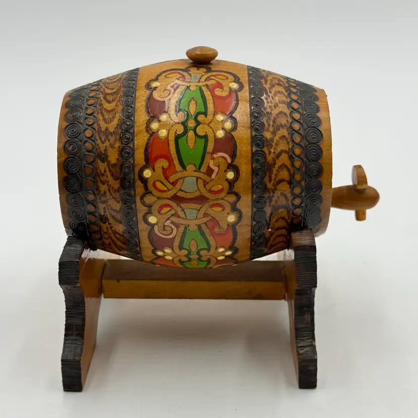 Bulgaria Wood Miniature Keg Decorative Handmade Beer Barrel & Stand Vintage 70s
