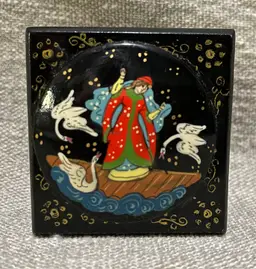 Vtg Russian Lacquer Hinged Box 2.25 x 2.25” The Magic Swan Geese Hand Painted